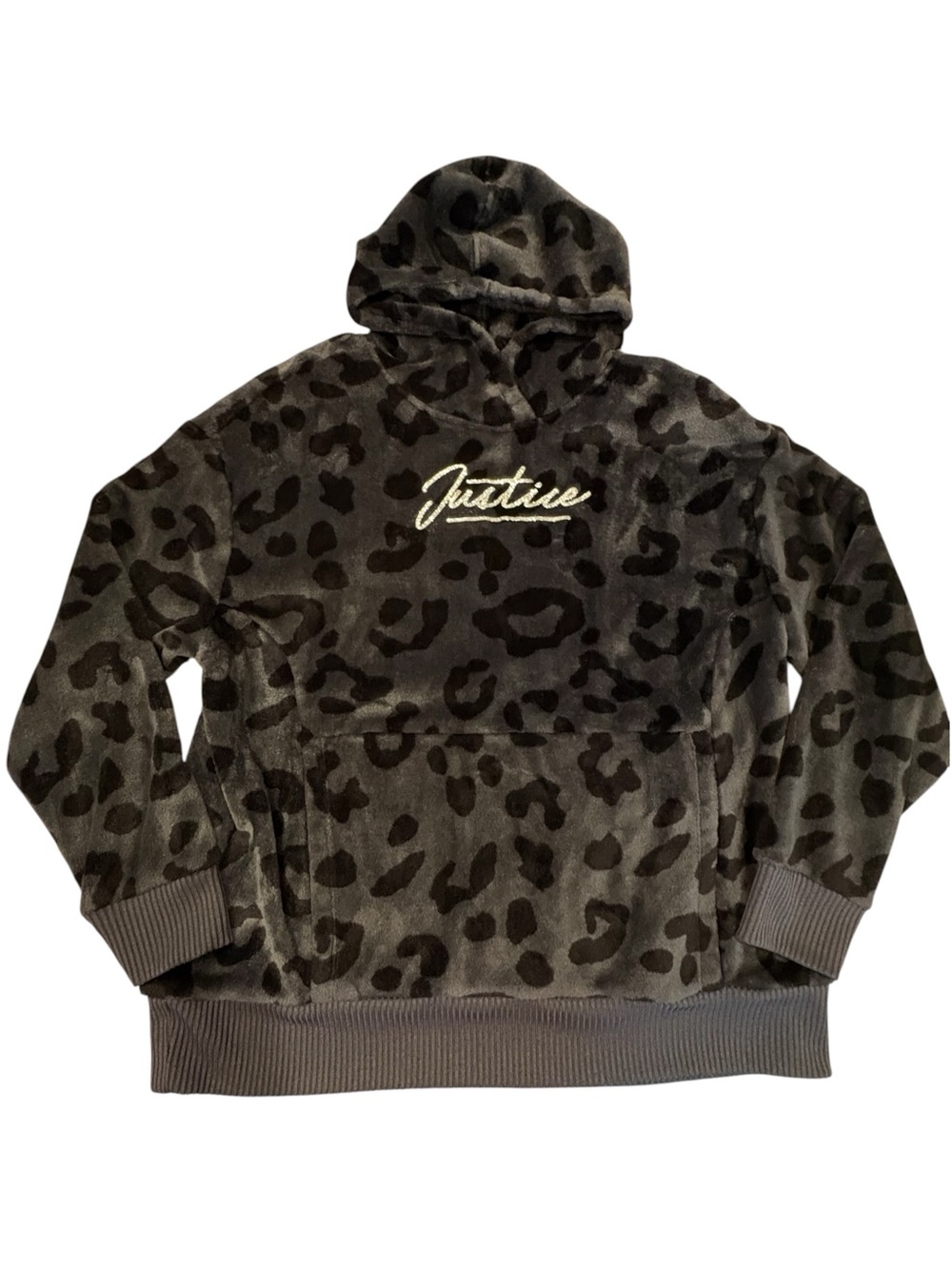 Justice Girls Crewneck Plush Leopard Hoodie - Charcoal & Black 20/22